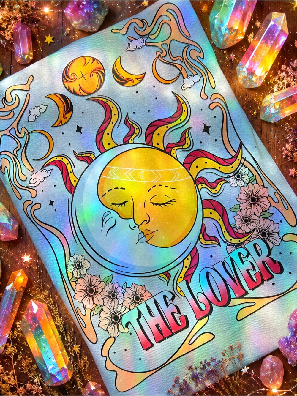 Holographic Sun & Moon Graphic Tee - Vibrant Rainbow Design